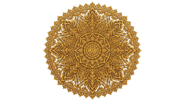 Intricate thai traditional gold mandala wood carving isolated on transparent background