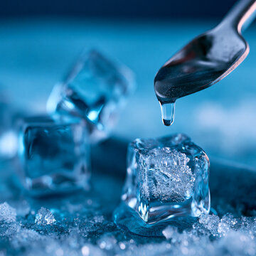 Water droplet falling from spoon onto melting ice cube with dripping, refreshing