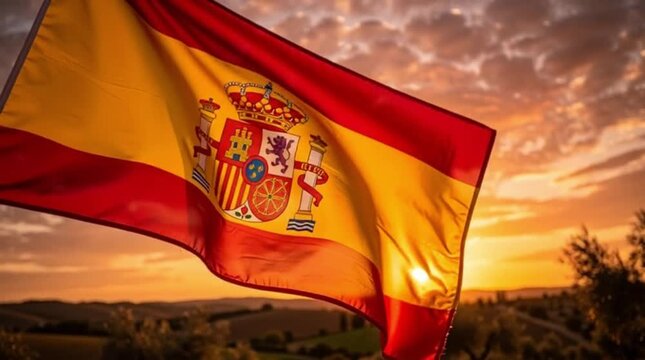 The national flag of Spain waving against a beautiful sunset sky background.