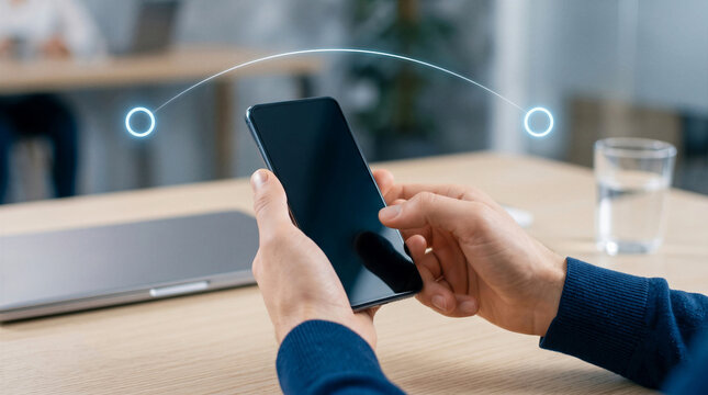 Hands holding smartphone with glowing digital connection graphic at office desk. Business communication, network, and technology mockup