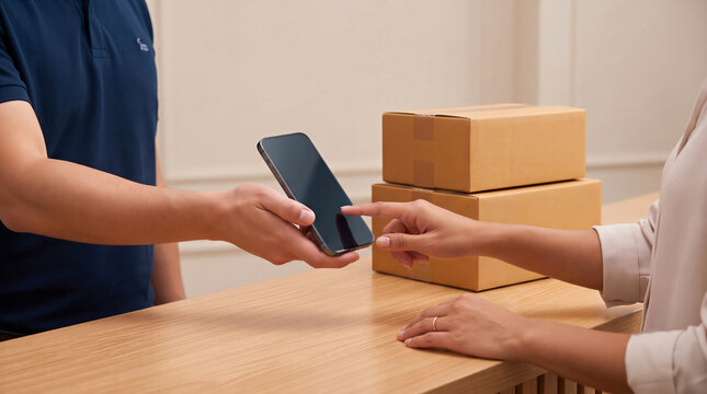 Customer signing digital delivery receipt on smartphone screen for cardboard package from courier at counter. E-commerce logistics concept