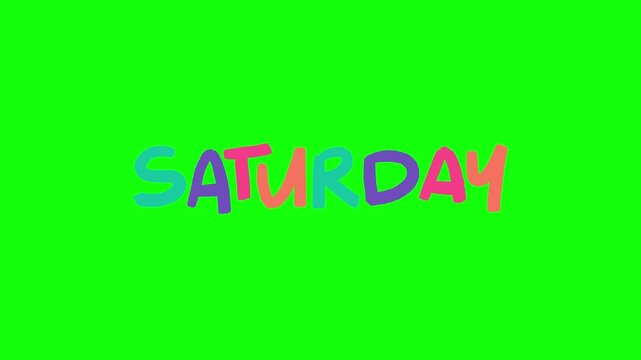 Colorful brush-stroke text "SATURDAY" with each letter in a different vibrant hue smoothly cycles through a rainbow color-changing effect while gently bouncing and wiggling on a solid green screen.