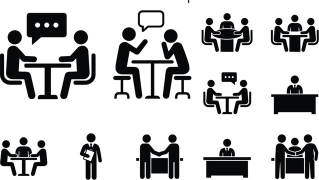 Business glyph icons set for corporate meeting interview partnership agreement handshake and executive management