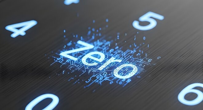 A close-up shot of a dark metallic surface featuring glowing blue numbers and the word Zero in a high-tech digital font.