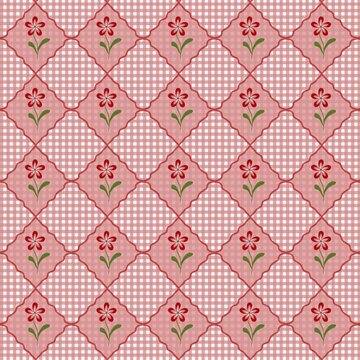 Seamless pattern with red flowers in quatrefoil frames over soft pink gingham check background. Charming vintage floral design, perfect for fabric, textiles, decor, stationery and sweet home projects.