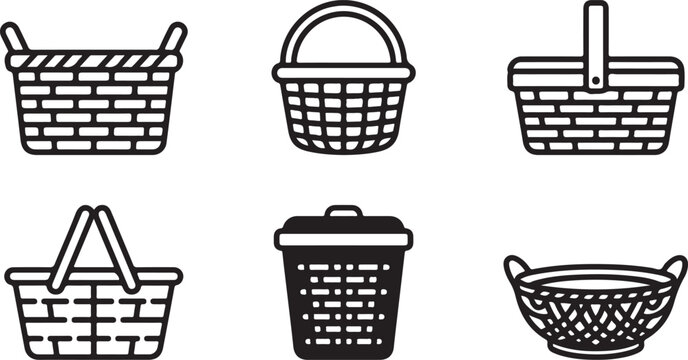 Six different types of woven baskets and laundry hamper icons Vector