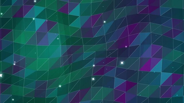 Abstract low poly geometric 3D landscape with undulating triangular mesh in teal, blue, and purple hues featuring glowing white sparkles on a digital architectural surface.