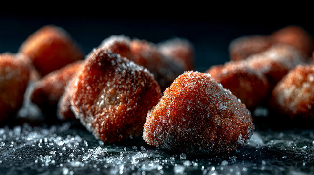 Fresh homemade cinnamon sugar donut holes on a dark surface with sugar coated, bite sized