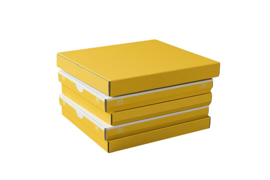 Stack of three yellow cardboard food boxes isolated on transparent background
