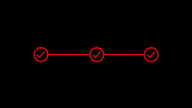 Minimalist red progress bar animation featuring three sequential checkmark appearing on a clean black background, for digital user, interface workflow completion, and task management systems