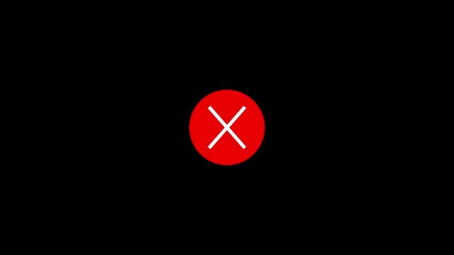 Animated red X cross mark on black background, minimalist error, cancel and rejection symbol for user interface, 4K motion graphic