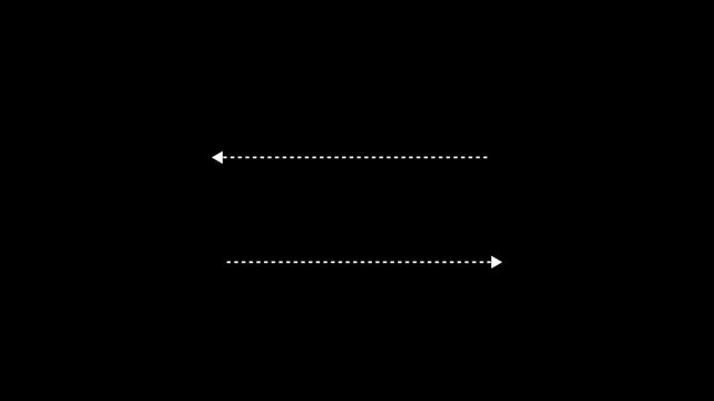 Minimalist opposing arrows icon animation with white dotted lines on black background, directional navigation concept, 4K motion graphic
