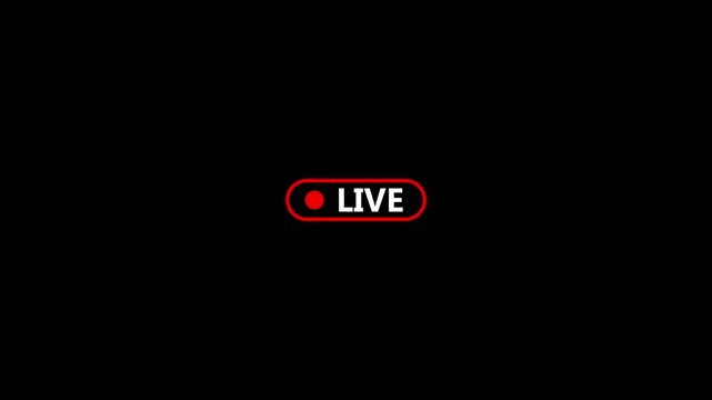 Live button icon animation on black background, live streaming broadcast symbol, 4K motion graphic