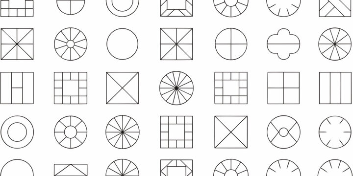 grid of minimalist geometric shapes on white background design layout simple forms abstract art black lines pattern symmetry ellipse rectangle circle oval triangle