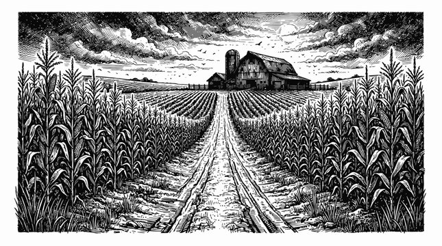 Antique monochrome engraving of a lush cornfield bordering a dusty rural country path leading towards a rustic farmstead barn under a vast expansive open sky in a peaceful scenic landscape.