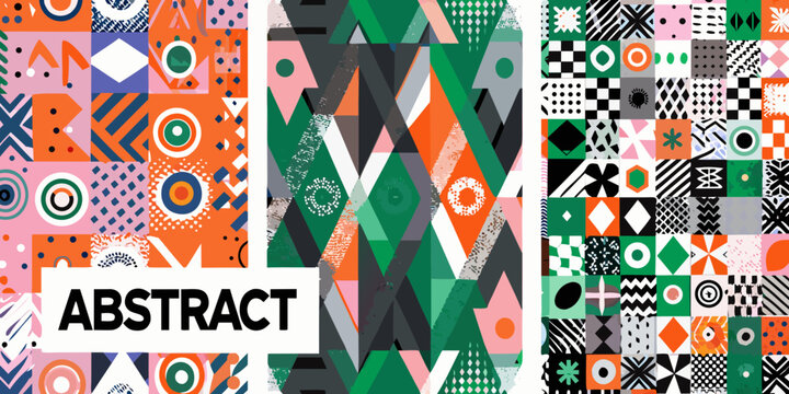 abstract art collage with geometric shapes and vibrant colors pattern triangle circle square artwork design modern graphic visual composition colorful decorative poster print