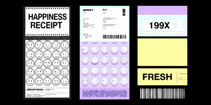 stylized collection of retro receipts with smiley faces and text illustration vector nineties nostalgia design graphic pattern iconic vintage pop culture memories happy