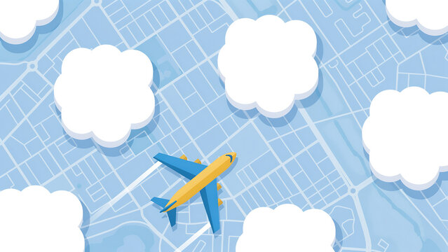 Flat design illustration of plane flying over blue city map layout with airplane