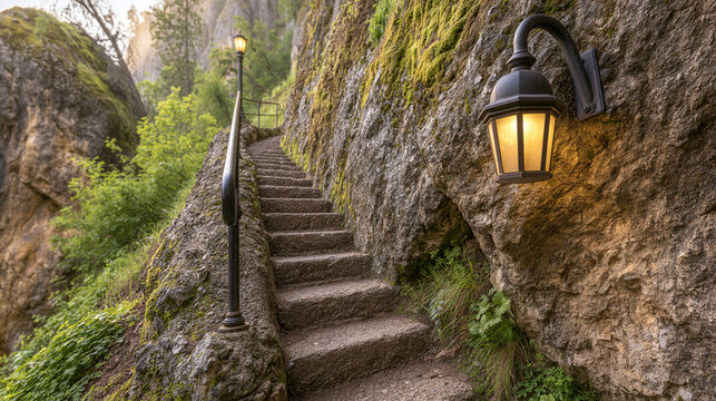 Old stone staircase carved into rocky cliff face with glowing vintage lanterns, staircase