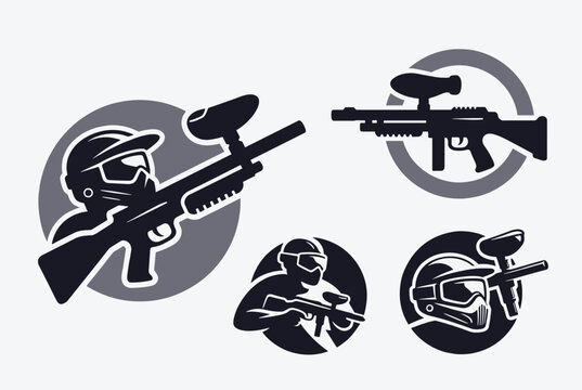 Dynamic set of paintball silhouettes captures players in action with their protective masks and marker guns during a competitive team sport match.