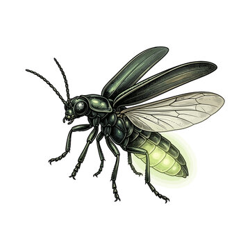 Vintage hand drawn firefly illustration with glowing bioluminescent light