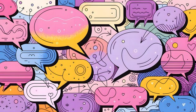 Pastel pop art background with overlapping speech bubbles for comic dialogue, social media posts, and chat banners.