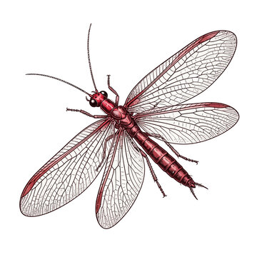 Vintage reddish insect illustration with detailed transparent wings on white