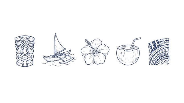 Polynesian Culture Doodle Icon Set Featuring Traditional Tribal Symbols Hand Drawn Vector Illustration Isolated on White Background Representing Pacific Heritage and Oceanic Art Motifs