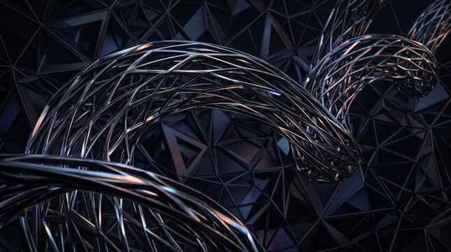 Futuristic Curved Metallic Lattice in Dark Abstract 3D Render