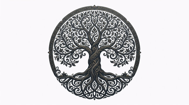 Celtic Tree of Life with intricate knotwork and green leaves, isolated on white, symbolizing harmony, growth, and eternal connection