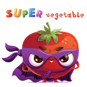 Cute tomato vegetable character dressed as a superhero standing in a heroic pose with a mask and a flowing cape. Bright playful headline in a colorful kids style is placed above the character. Fun