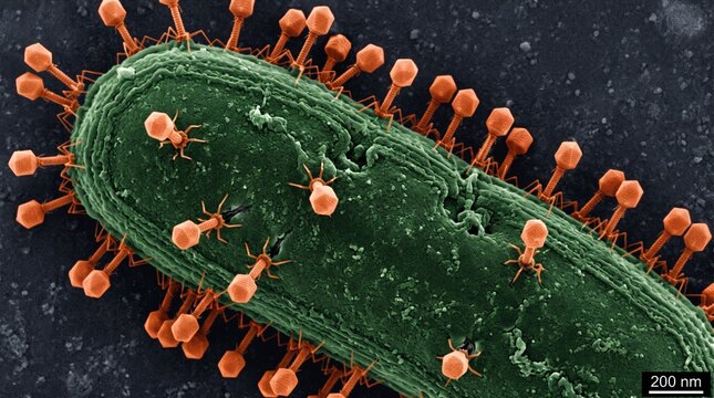 Bacteriophages Attacking a Bacterium, Scanning Electron Micrograph (SEM) Visualization of Viral Infection