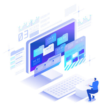 Wide computer display with financial analytics, modern interface layouts and cloud business tools. Isometric technology vector illustration for web platforms, dashboards and digital services
