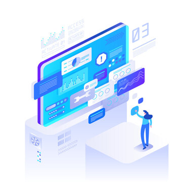 Interactive application interface with floating controls, cloud synchronization and digital workflow elements. Futuristic isometric technology vector illustration for SaaS platforms and UX design.