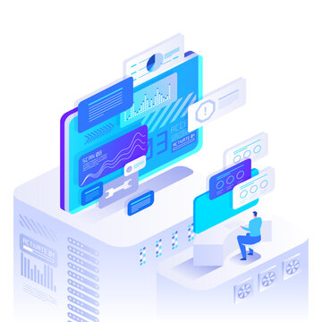 Smart management console with layered digital screens, cloud databases and collaborative online workspace. Isometric technology vector illustration for data processing and enterprise software.