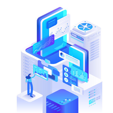 Vertical cloud infrastructure system with transparent dashboards, virtual controls and connected server modules. Isometric technology vector illustration for cybersecurity and smart networking.