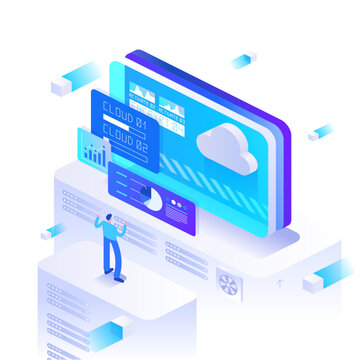 Large cloud management screen with hosting statistics, digital storage tools and futuristic interface design. Isometric technology vector illustration for online services and remote infrastructure.