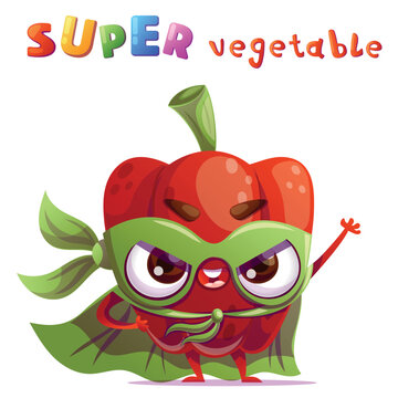 Cute Red Bell pepper vegetable character dressed as a superhero standing in a heroic pose with a mask and a flowing cape. Bright playful headline in a colorful kids style is placed above the character