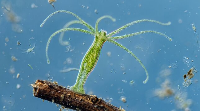 Microscopic View of Green Hydra viridissima Attached to a Piece of Wood in Freshwater