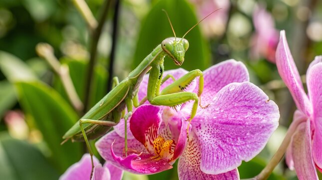 Macro shot of a green praying mantis resting on a vibrant pink orchid flower in a garden