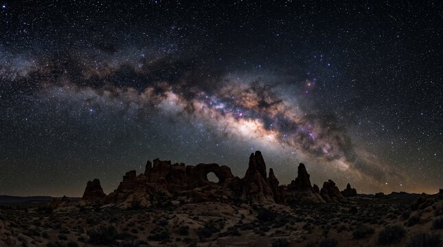 Breathtaking Milky Way galaxy arching over silhouetted rock formations in a desert landscape at night