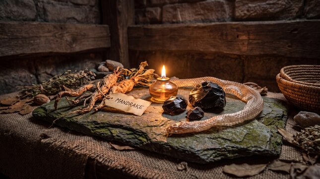 Witchs apothecary ingredients with snake shed and mandrake root on slate