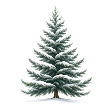 A single coniferous evergreen tree covered in fresh white snow isolated on transparent background