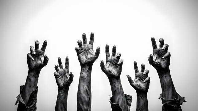 Six decaying zombie hands reaching upward from the darkness in a dramatic scene.