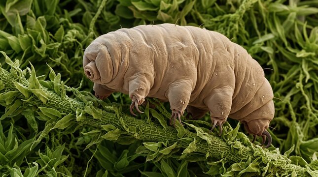 Microscopic view of a tardigrade water bear on moss, detailed scanning electron microscope image