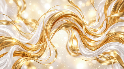 Obraz premium Luxurious flowing gold white silk ribbons abstract metallic waves glowing sparkles bokeh background elegant liquid metal graphic element premium 3d render