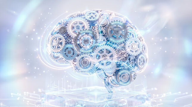 Human brain constructed from metallic gears cogs featuring engraved psychological text labels resting upon glowing technological pedestal futuristic artificial intelligence