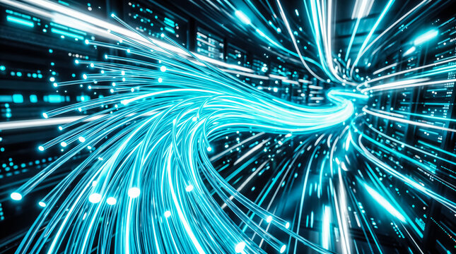 Glowing blue fiber optic cables swirling fast moving data transmission dark server room background abstract digital communication technology optical thread network
