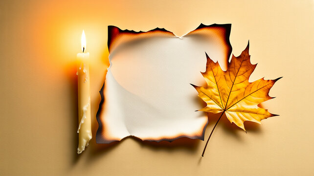 Burned paper with candle and autumn leaf design illustration