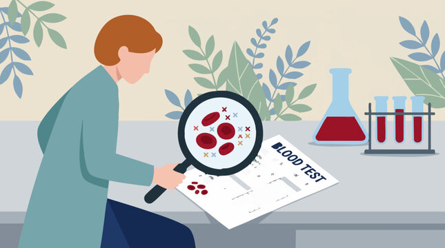 Healthcare professional analyzes blood test results with magnifying glass